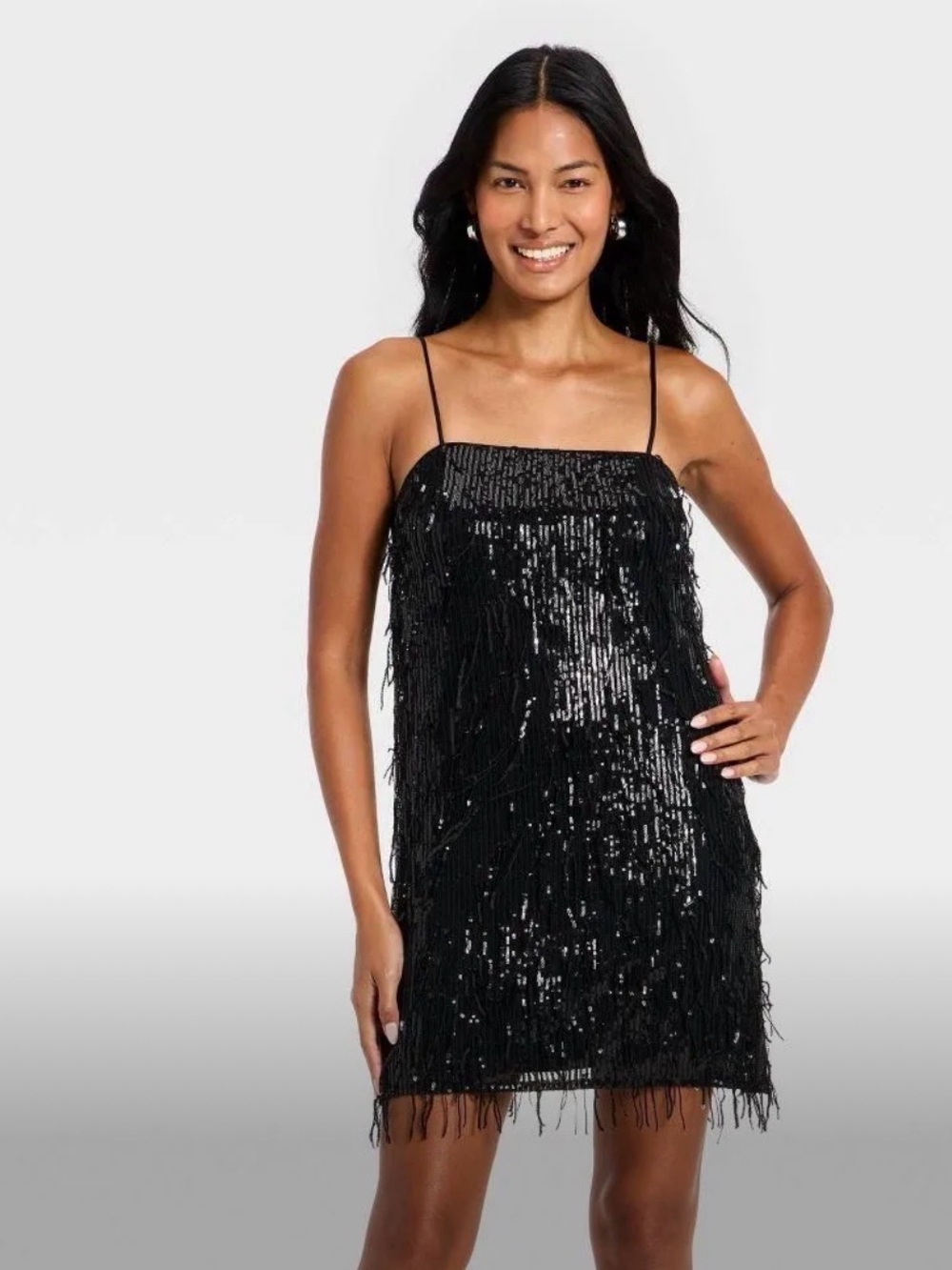 Black Sequin Fringe Slip Dress - Women's Party Dress